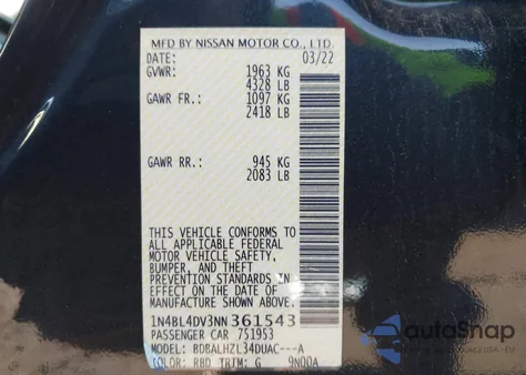 2022 Nissan Altima Sv Fwd z USA, uszkodzony, nr VIN 1N4BL4DV3NN361543